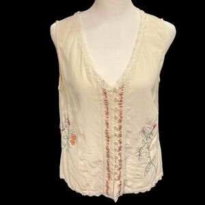 J. Jill Silk Blouse Crinkled Embroidered Floral Applique Lace Cream Sz Medium